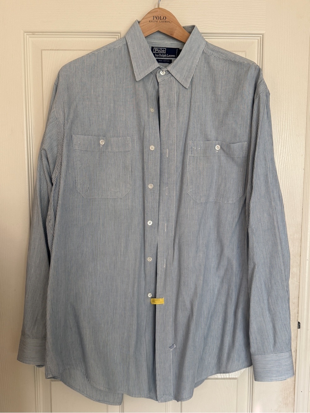 Ralph Lauren Men's Blue and White Pinstripe Button-Down Shirt. Size Large.
